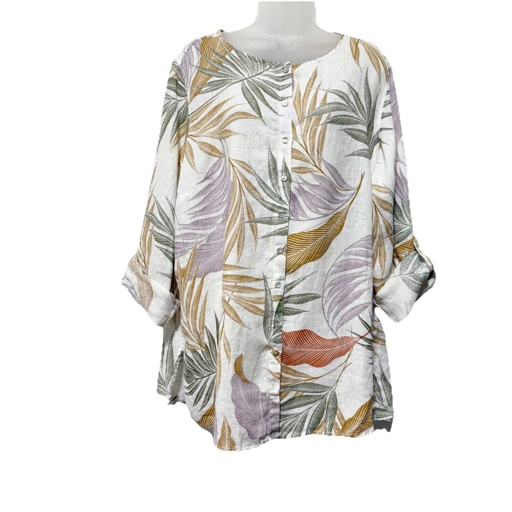 Tahari Womens Linen Blouse 2X Tropical Leaf Print Button Front Roll Tab Sleeve